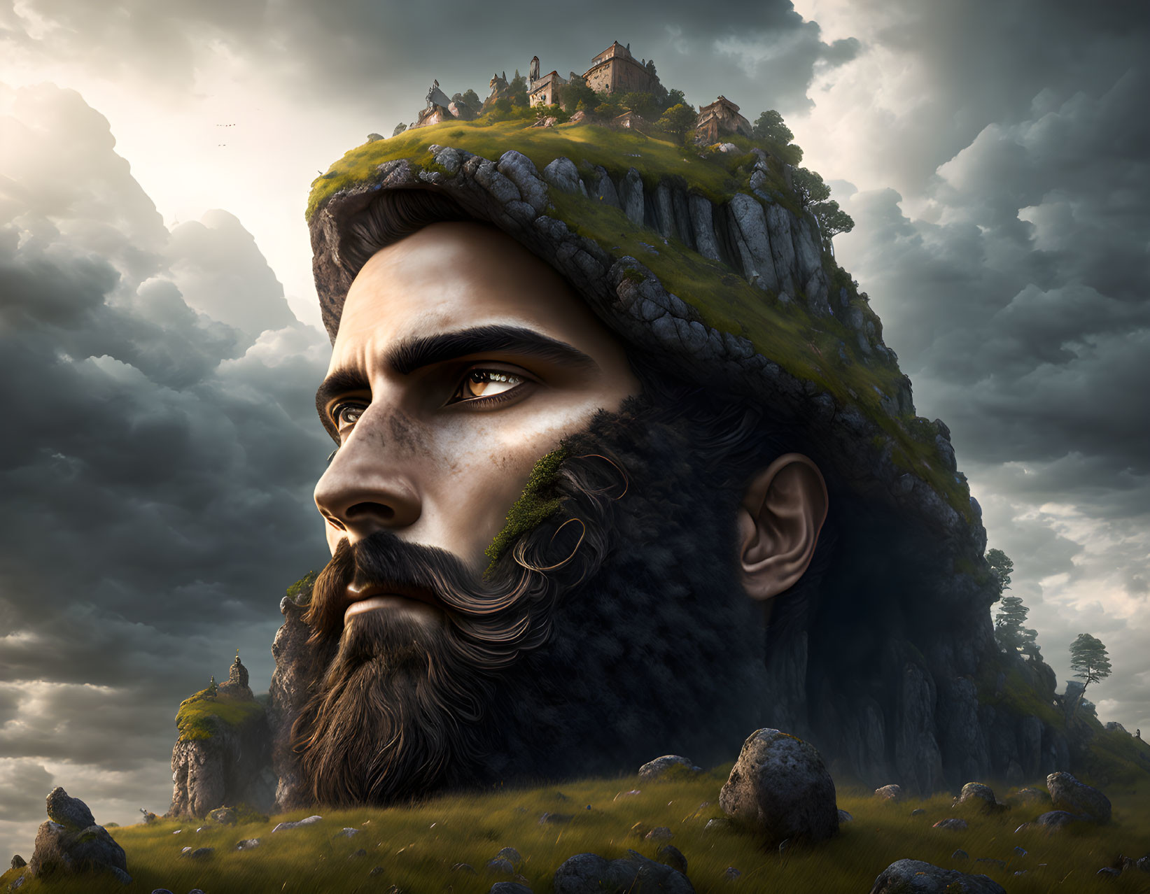 Man's Face Merging with Landscape: Castle on Head