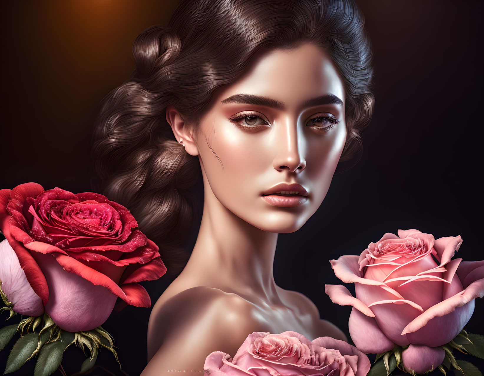 Digital portrait of woman with striking features among lush roses on dark backdrop