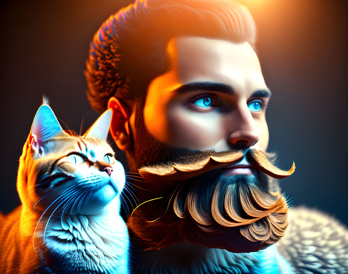 Detailed Stylized Image: Man with Groomed Beard & Cat with Fur on Dark Background
