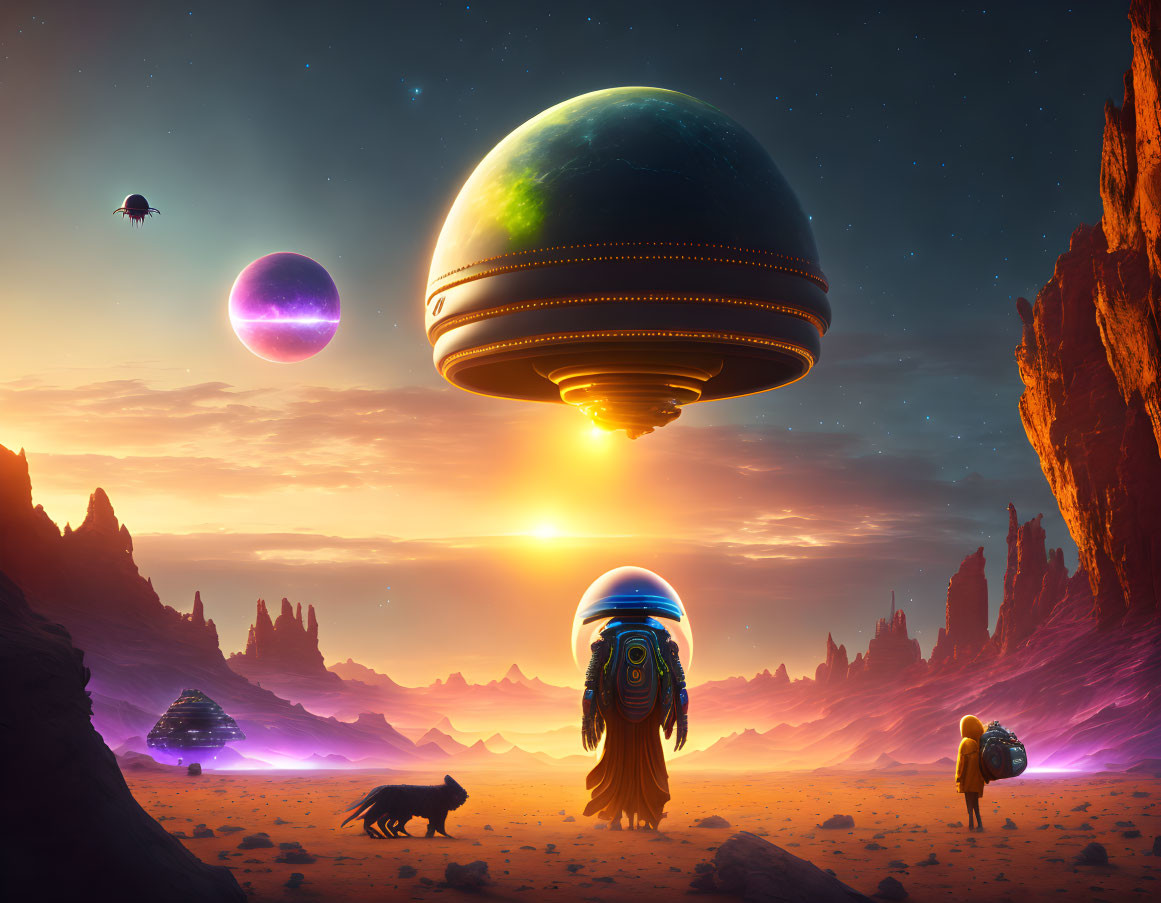 Alien planets, futuristic ships, humanoids, and wolf creature in fantastical sunset landscape