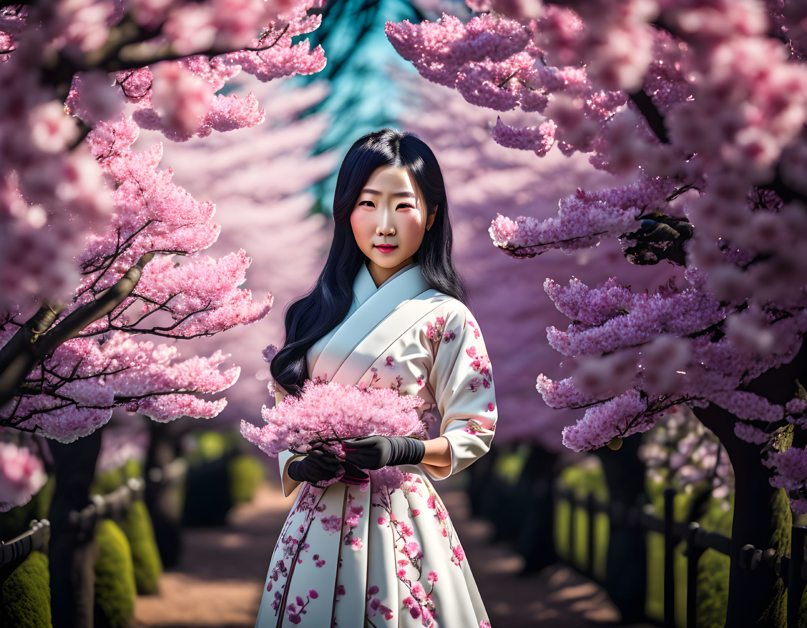 Woman in Floral Kimono Among Pink Cherry Blossoms Holding Branch
