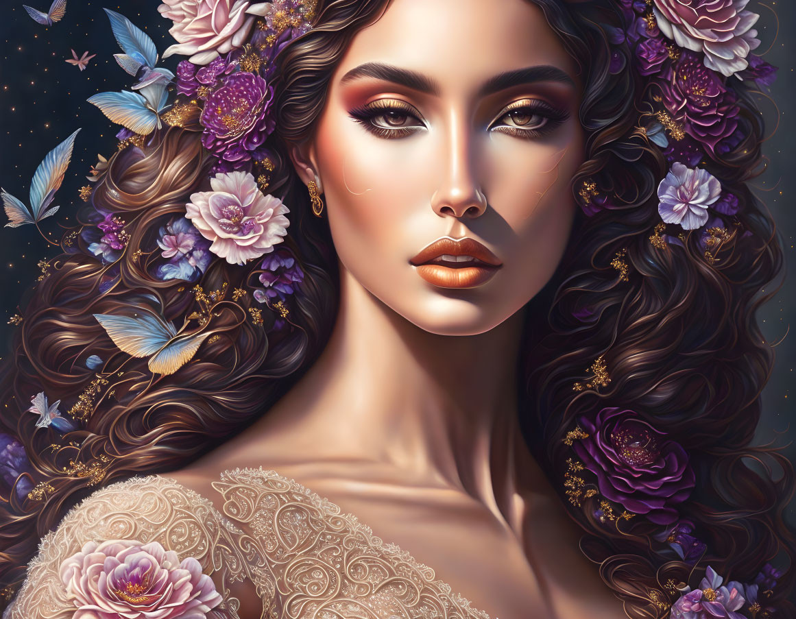Digital art portrait of woman with long wavy hair, purple flowers, butterflies, starry background