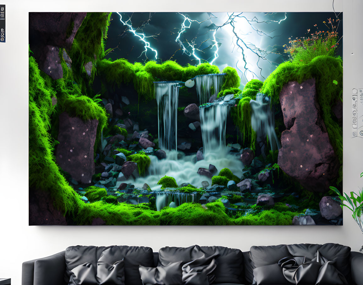 Vibrant wall mural of mystical landscape with waterfalls, greenery, and lightning above dark sofa