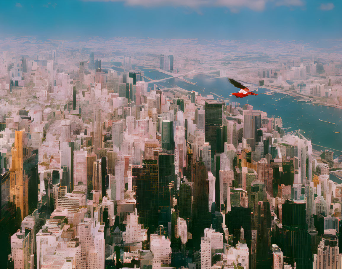 Densely packed city with skyscrapers and red plane flying low over river and bridges