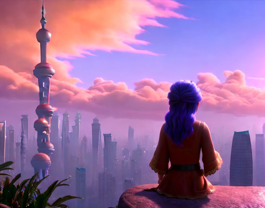 Blue-Haired Character Overlooking Futuristic Sunrise Cityscape
