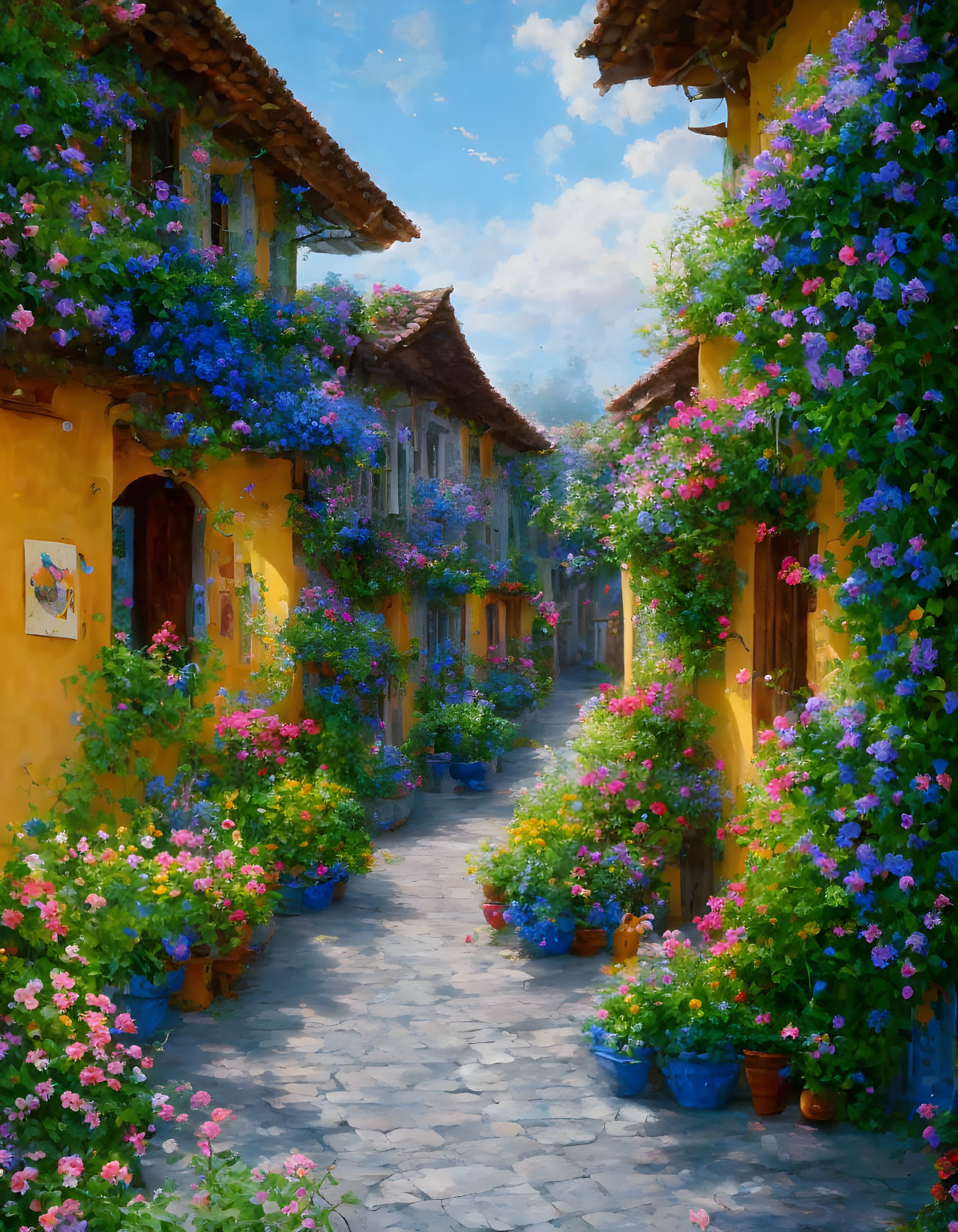 Charming cobblestone street with yellow houses and colorful flowers