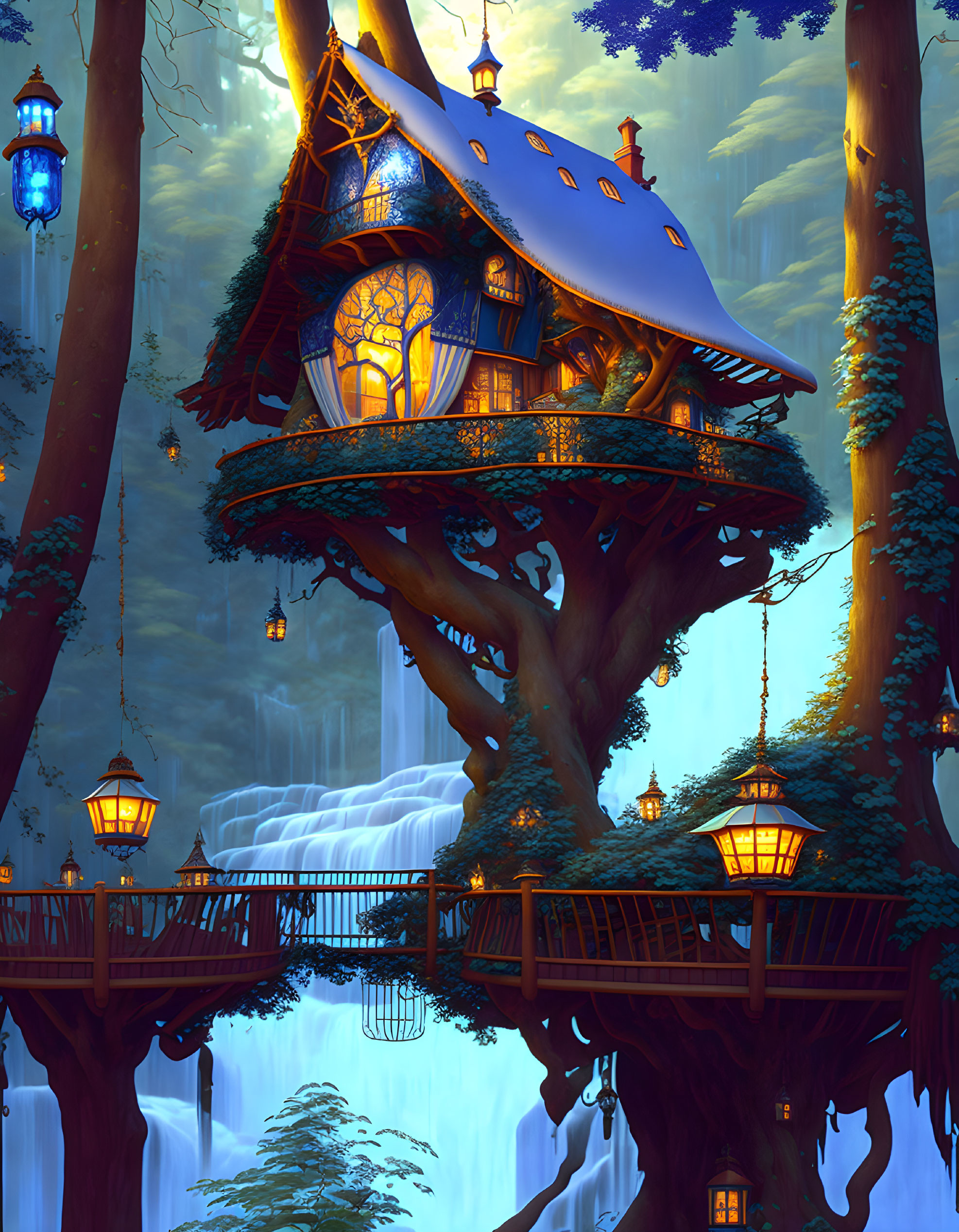 Enchanting treehouse with blue roof in forest with waterfall & lanterns