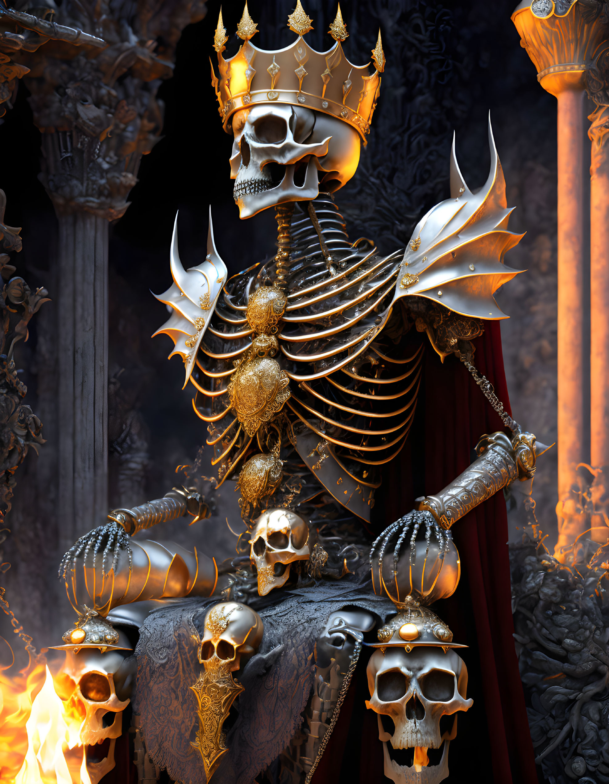 Detailed Ornate Skeleton Throne with Crown and Flames