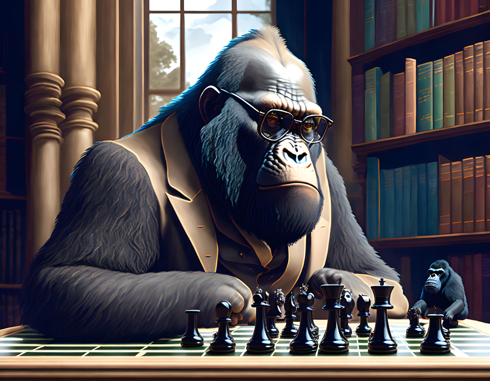 Gorilla in suit playing chess in library with books shelves