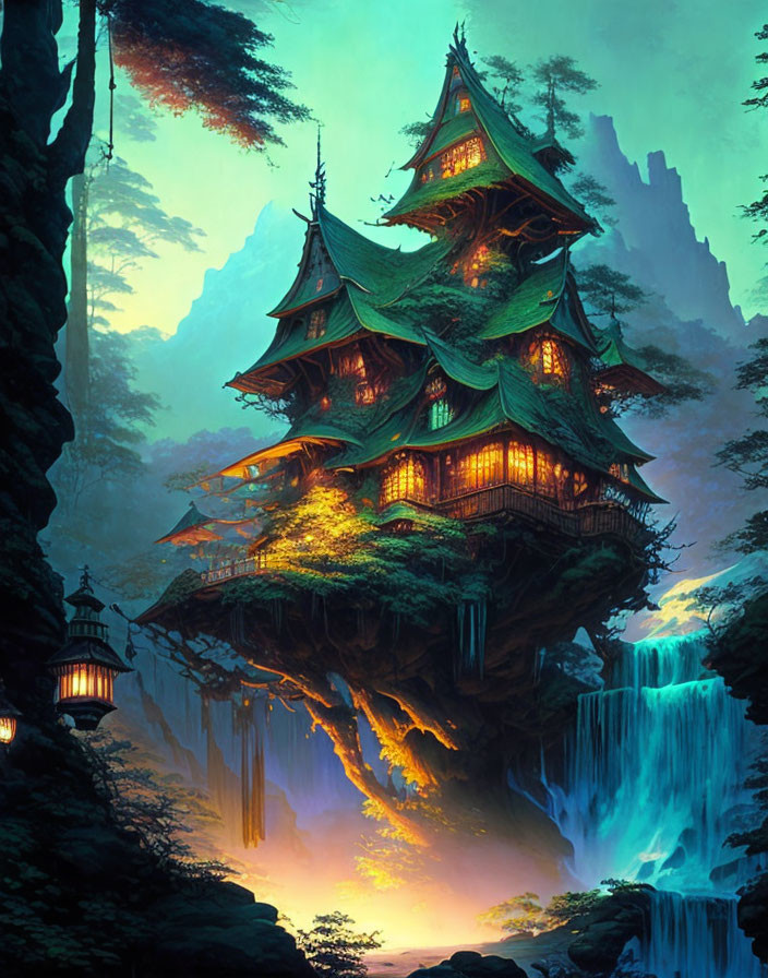 Enchanting multi-story pagoda on lush cliff with waterfalls in mystical forest