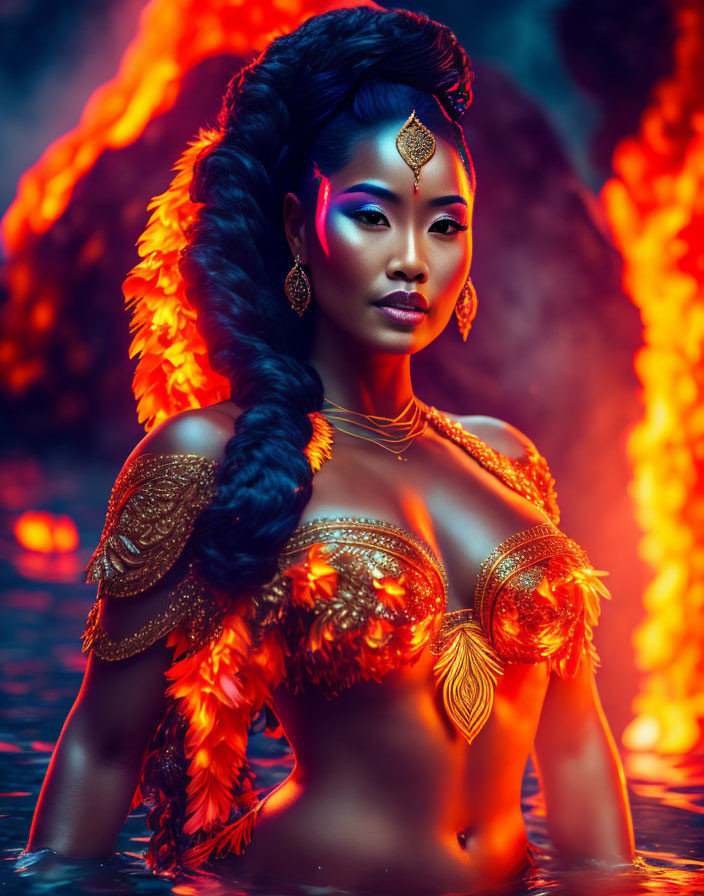 Elaborately adorned woman with gold jewelry and feathers against fiery backdrop