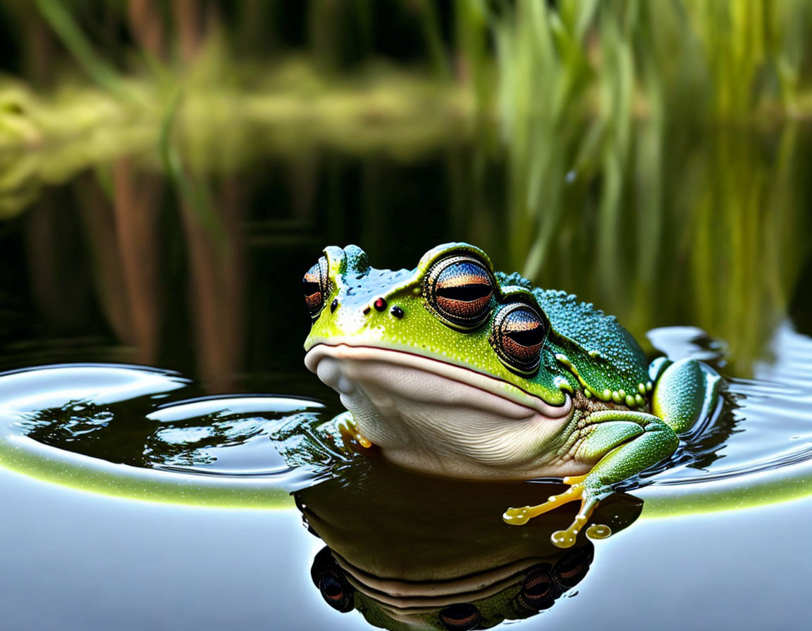 Colorful frog with red eyes on water edge, surrounded by greenery.
