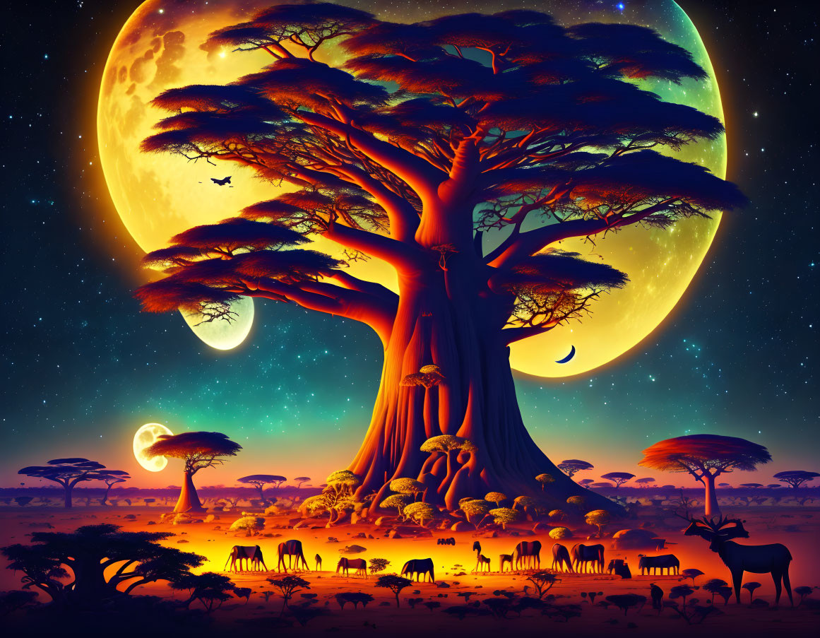 Surreal savanna landscape at night with wildlife silhouettes