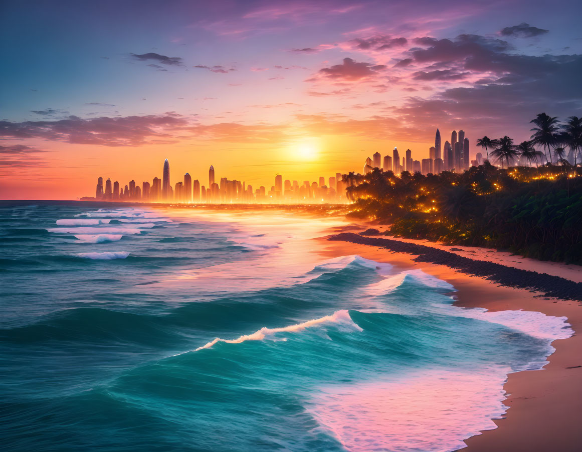 City skyline sunset with beach waves and palm tree silhouettes