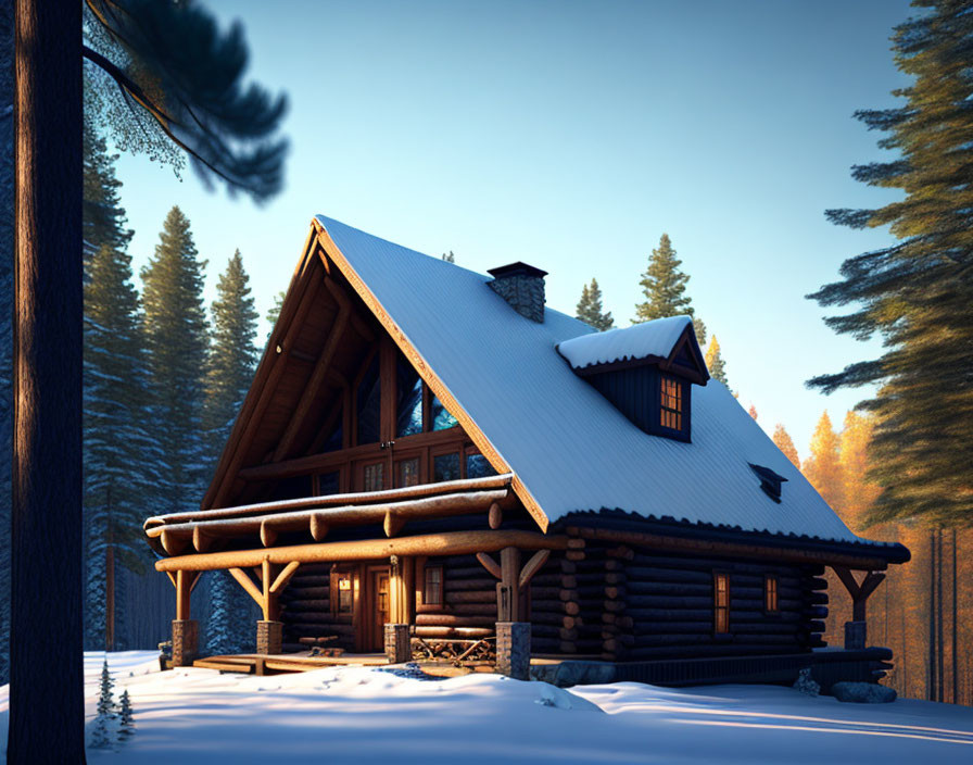 Timber Frame cabin with thick snow