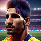 Male 3D model with purple streak in hair in football jersey at stadium
