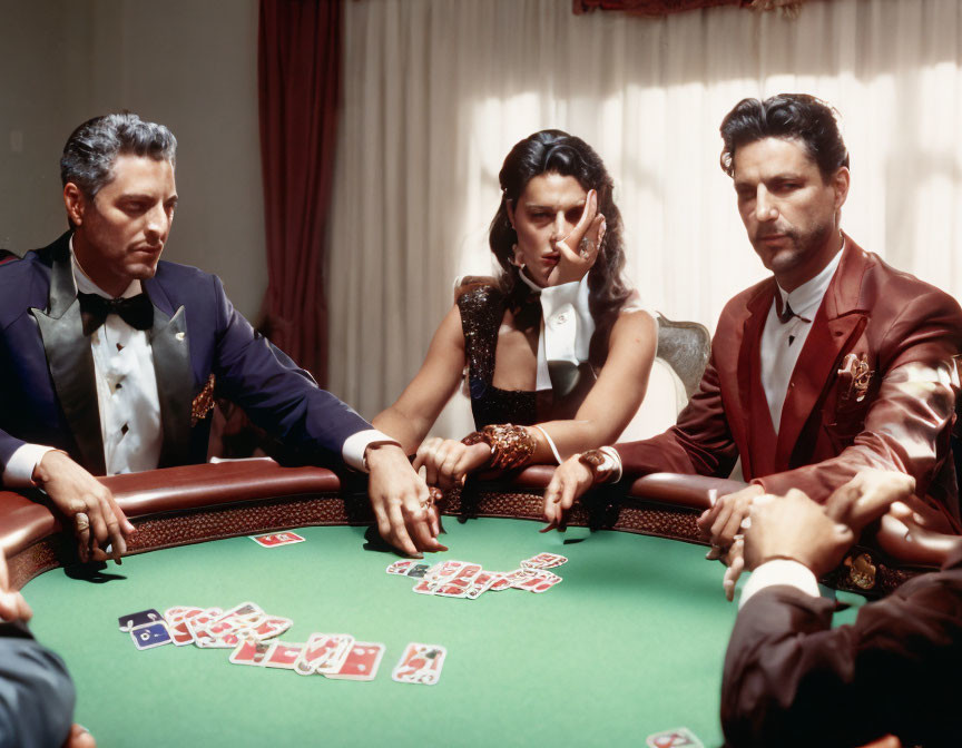 Three individuals at a poker table with playing cards, in deep thought