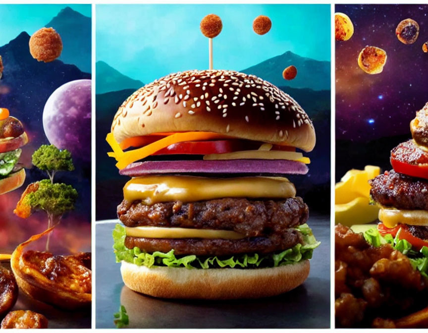 Collage of Three Burger Images with Planetary and Space Themes