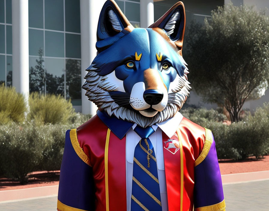 Anthropomorphic wolf character in red and purple uniform standing by a building