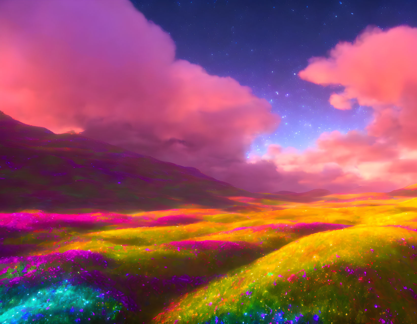 Vibrant landscape of rolling hills under starry sky with pink and yellow hues and colorful flora