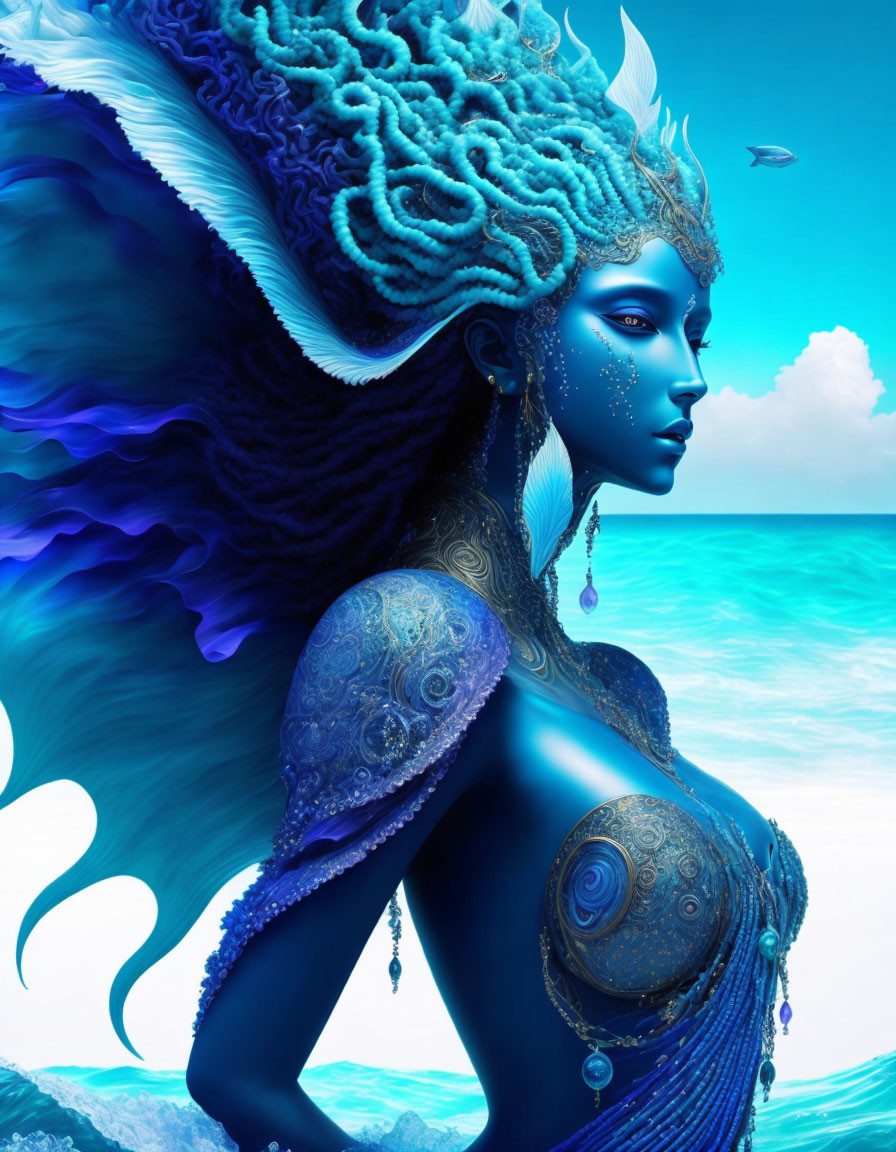 Mystical blue female figure with ornate patterns and ocean background