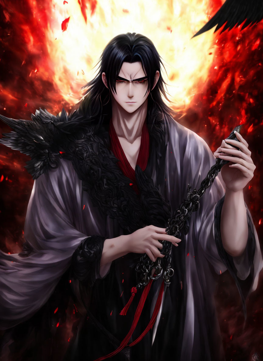 Animated character with long black hair in gray robe with chain and feathers on fiery backdrop