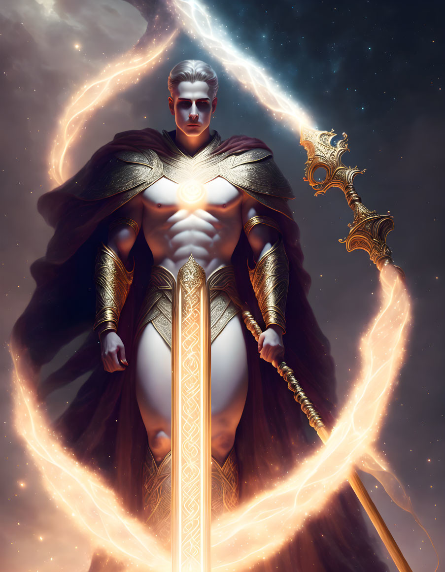 Fantasy character with alabaster skin and silver hair in golden armor cape under cosmic sky