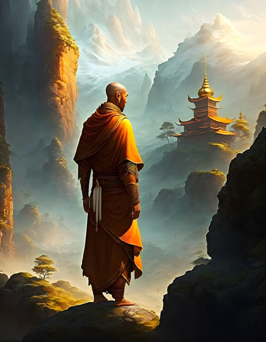 Monk in orange robe before misty mountain landscape with traditional pagoda