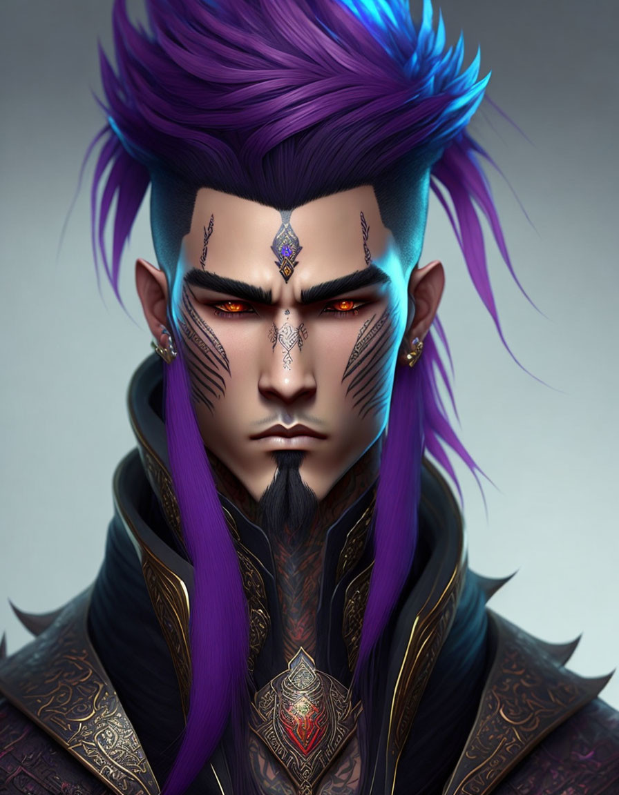 Fantastical male figure with purple hair, red eyes, ornate tattoos, and dark armor