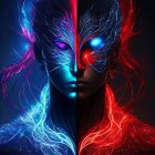 Symmetrical digital artwork of face with red and blue color schemes