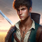 Young male adventurer with sword in medieval attire against sunrise/sunset backdrop