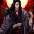 Animated character with long black hair in gray robe with chain and feathers on fiery backdrop