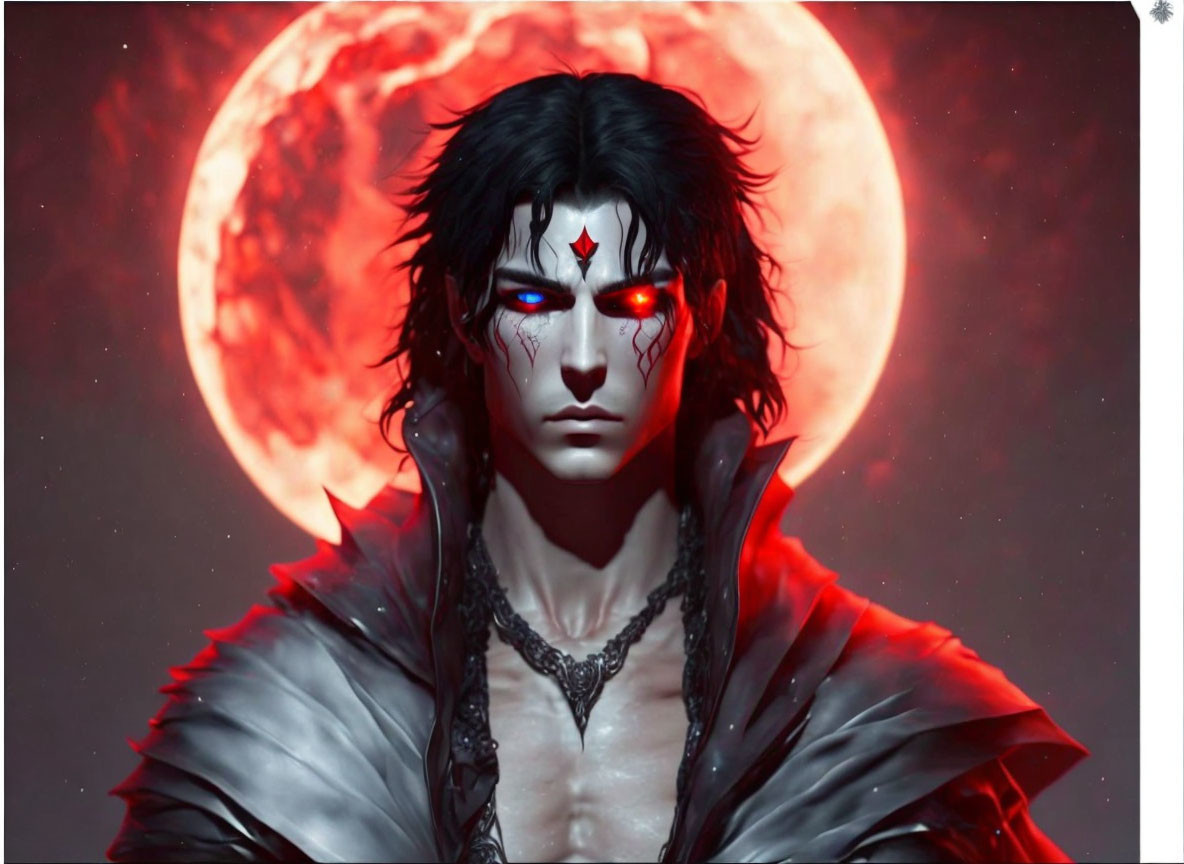 Brooding male figure with red eyes under blood-red moon