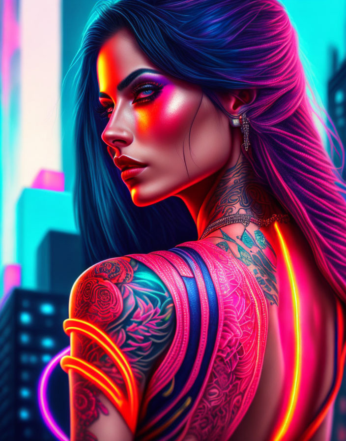 Colorful digital artwork of a woman with neon makeup and tattoos in a cityscape