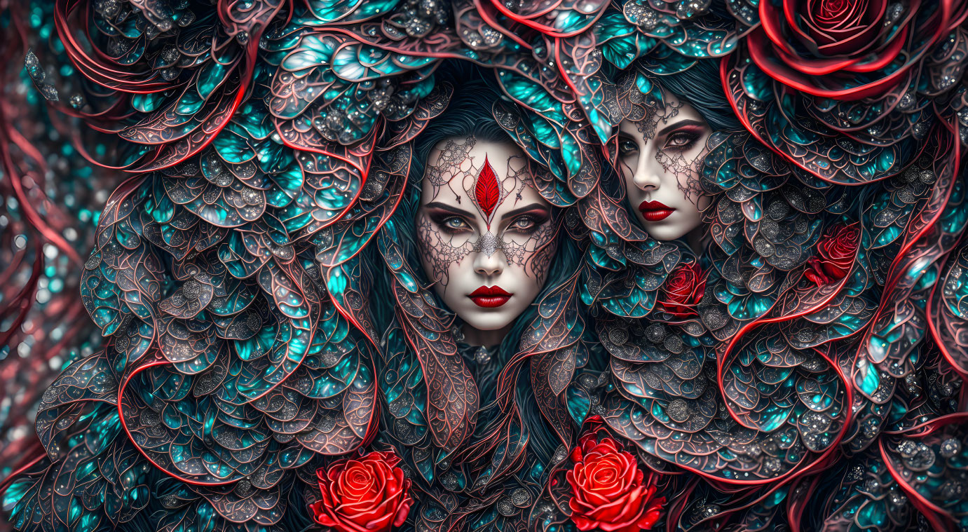 Mystical women with intricate floral patterns and roses in fantasy aesthetic