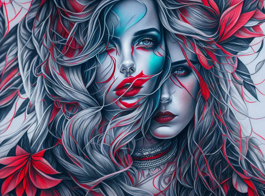 Illustration: Woman with Silver Hair, Red Leaves, Red Lips, Blue Eye