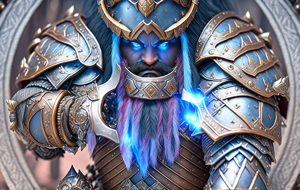 Fantasy character in blue and silver armor with glowing eyes and colorful beard wields axe