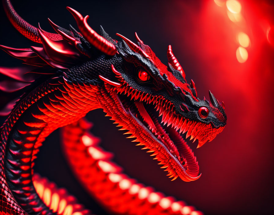 Detailed Red and Black Dragon Artwork with Intricate Scales and Horns
