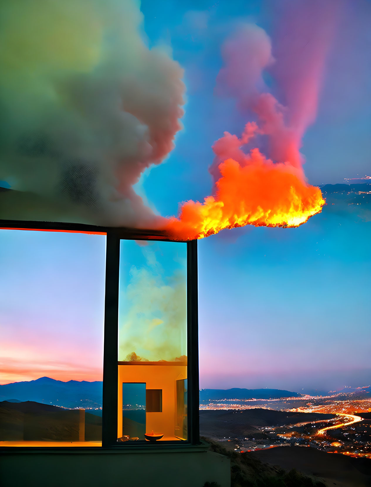 Glass balcony overlooking twilight cityscape with surreal burst of flame