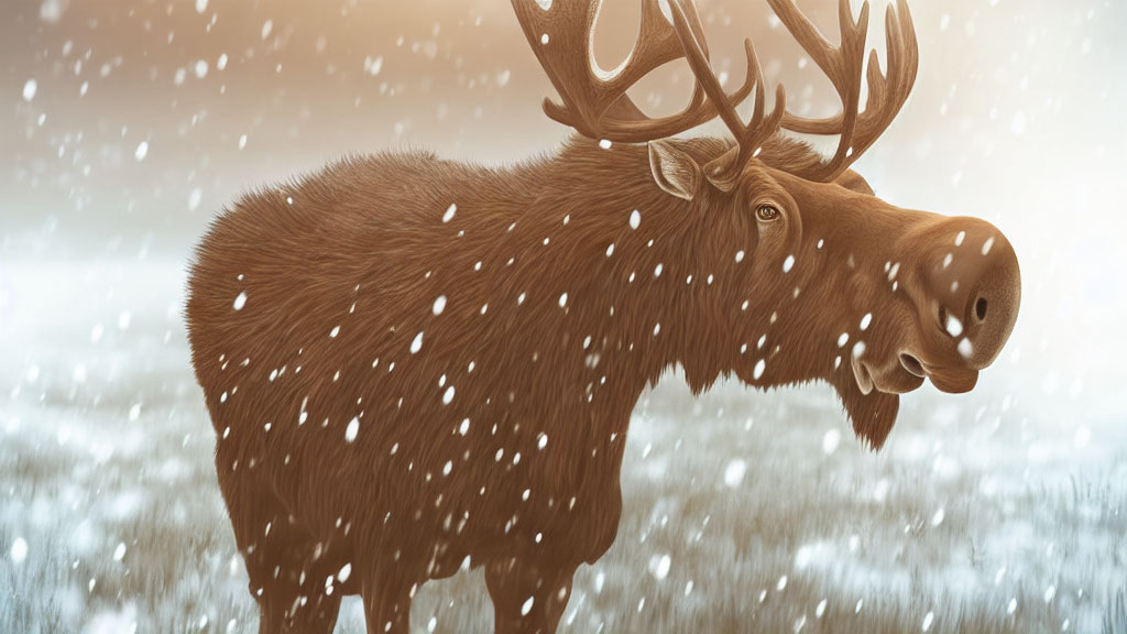 Majestic moose with large antlers in snowy winter landscape