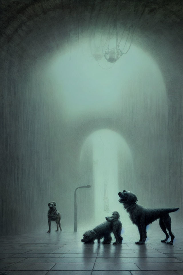 Three dogs under arched tunnel with streetlamp and chandelier glow.