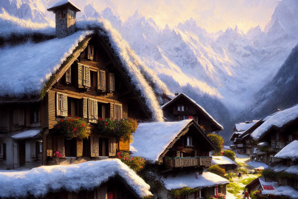 Scenic snow-covered chalets and mountain peaks in soft light