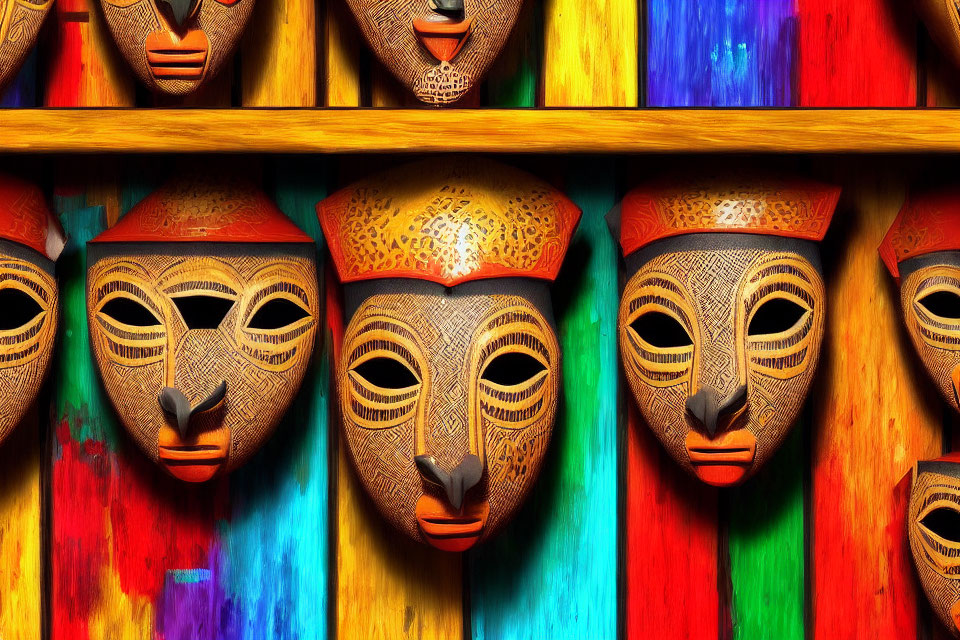 Tribal masks on colorful background with geometric pattern shelves