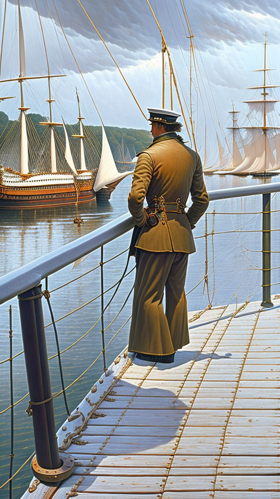 Vintage Naval Officer Stands on Ship Railing Amid Tall Ships