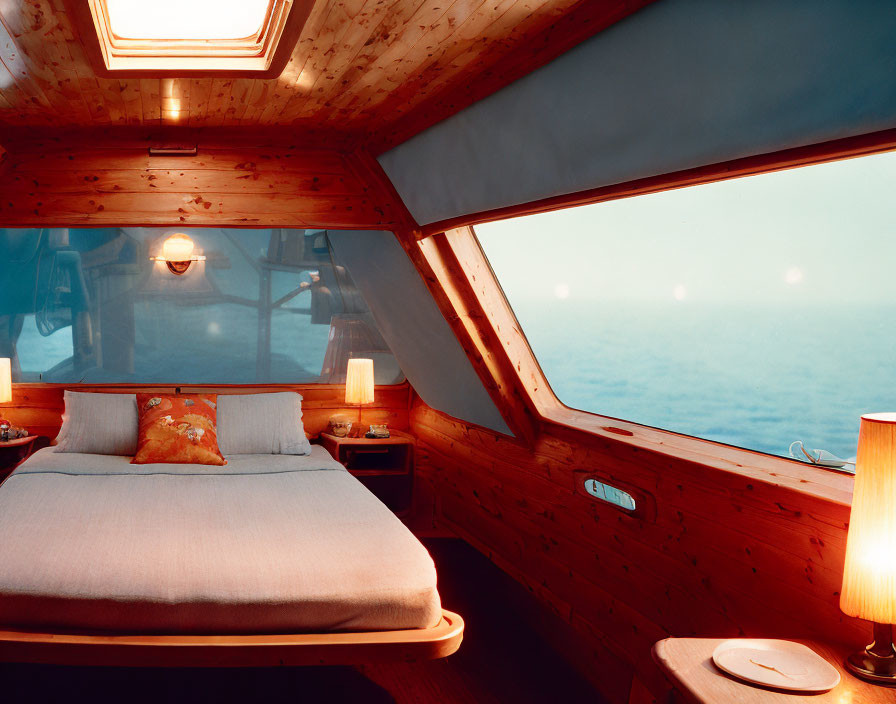 Boat cabin with bed, wooden interior, lamps & ocean view