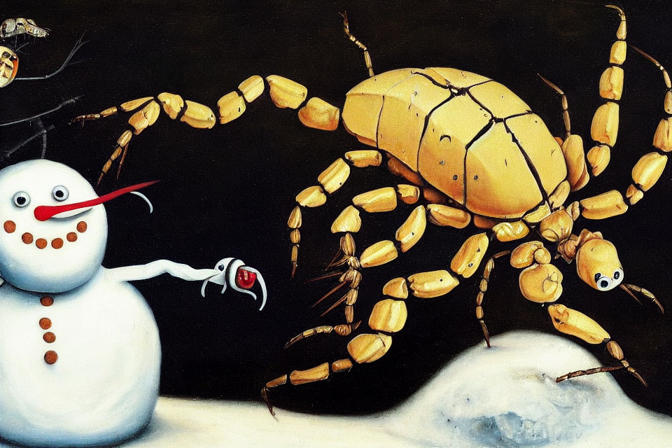 Surreal painting: Golden crab faces smiling snowman