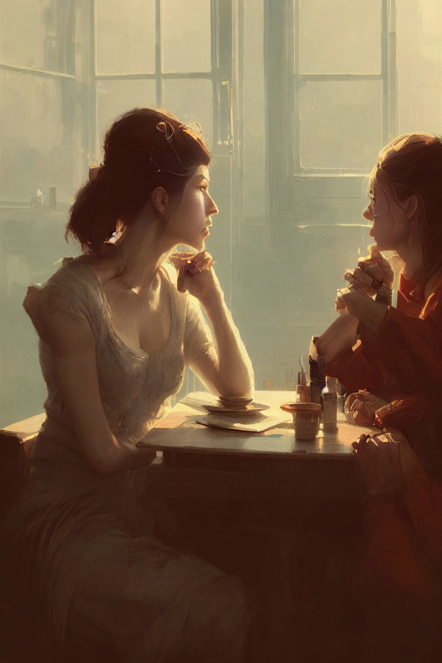 Serene moment: Two women by window, one gazing, other with drink