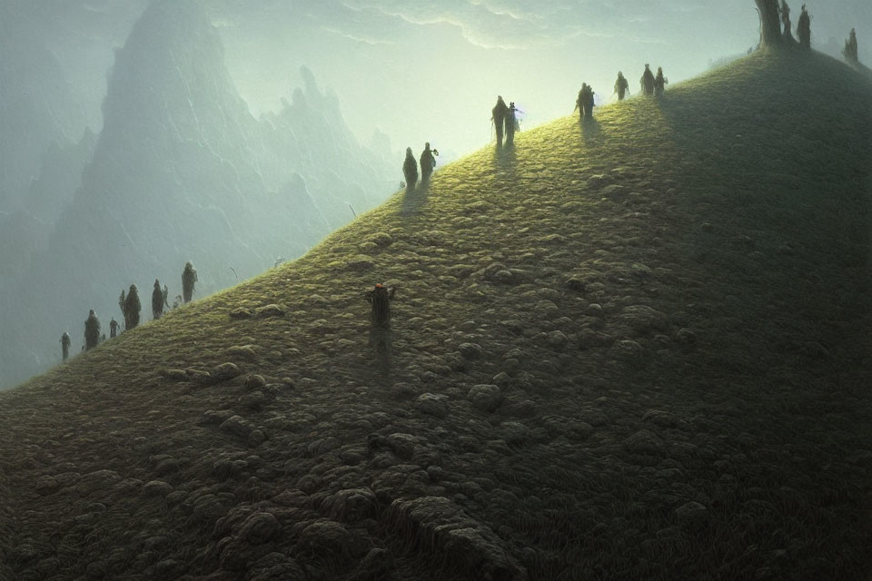 Figures on grassy hill in misty mountain landscape