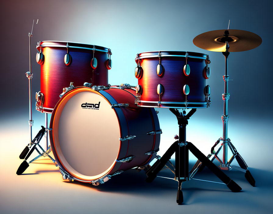 Drum Set with Bass, Tom-Toms, and Cymbal in Blue and Red Finish