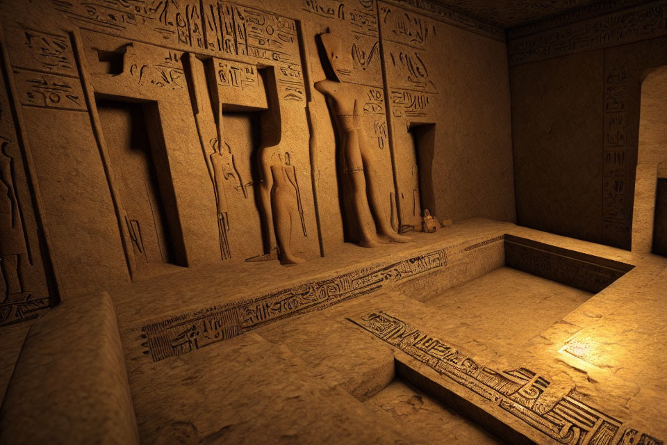 Ancient Egyptian tomb interior with hieroglyphics and bas-reliefs on sandstone walls